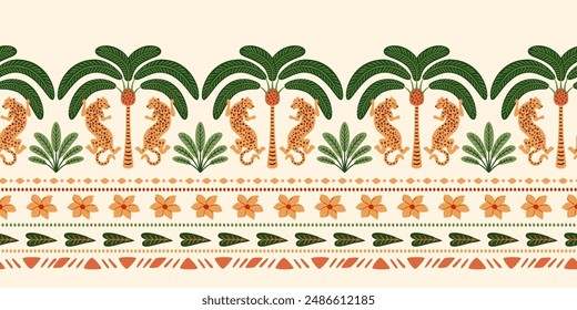 Tropical palm tree and Asian leopard horizontal long seamless border. Cute jungle repeat ethnic oriental ornament, hand drawn wild animal under the coconut Indian decorative design. Vector beach print