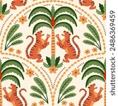 Tropical palm tree Asian tiger seamless pattern. Cute jungle damask ornament, jungle arched print, hand drawn wild animal under the coconut, Indian textile design wallpaper Vector beach illustration