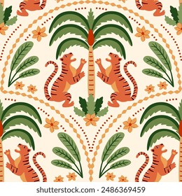 Tropical palm tree Asian tiger seamless pattern. Cute jungle damask ornament, jungle arched print, hand drawn wild animal under the coconut, Indian textile design wallpaper Vector beach illustration