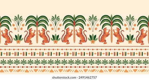 Tropical palm tree and Asian tiger horizontal long seamless border. Cute jungle repeat ethnic oriental ornament, hand drawn wild animal under the coconut Indian decorative design. Vector beach print