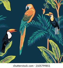 Tropical palm tree, banana tree, parrots seamless pattern dark background. Exotic jungle floral wallpaper. 