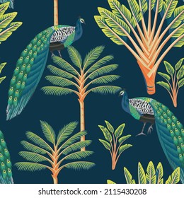 Tropical palm tree, banana tree, peacock seamless pattern dark background. Exotic jungle floral wallpaper. 