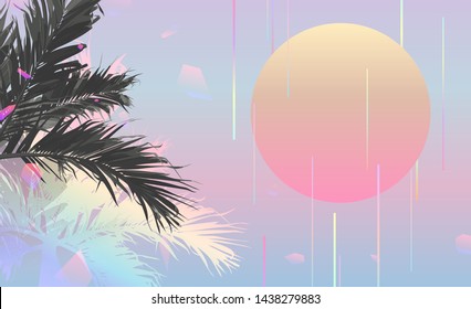 Tropical Palm Tree, Beach Background. Vintage/ Retro Futuristic Vaporwave Minimal Background