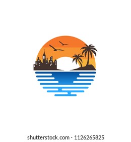 Tropical palm tree beach logo