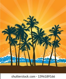 Tropical palm tree beach at sunrise