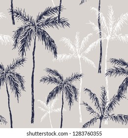 Tropical palm tree black and white solhouette on the gray background. Vector seamless pattern. Graphic illustration. Paradise nature. Botanical print. Sketch design 