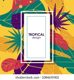 Tropical palm tree branches on bright yellow poster template.