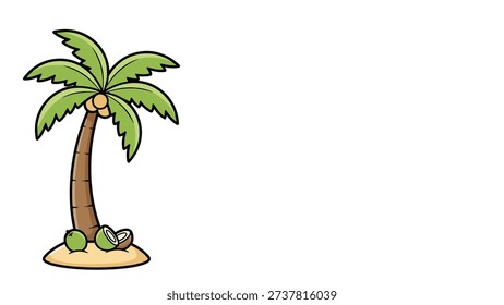 Tropical Palm Tree and Coconuts Illustration with Text Space, Vector Style on Transparent Background.
