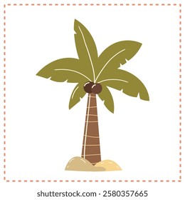 a tropical palm tree with coconuts on a sandy beach setting in a minimalist cartoon design style