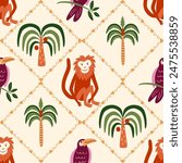 Tropical palm tree, cute monkey, toucan bird seamless pattern. Jungle damask print, summer natural vector wallpaper. Hand drawn coconut plant. Geometric childish design for textile, fabric, wrap paper