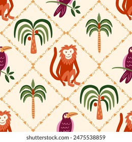 Tropical palm tree, cute monkey, toucan bird seamless pattern. Jungle damask print, summer natural vector wallpaper. Hand drawn coconut plant. Geometric childish design for textile, fabric, wrap paper