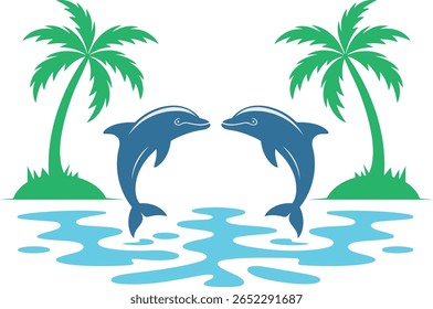 Tropical Palm tree and Dolphin Beach Vector Illustration