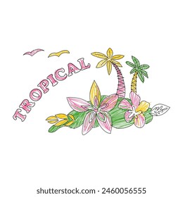 Tropical Palm Tree and Flower Summer, Graphic design print t-shirts fashion, illustration, vector, posters, cards, stickers, mug