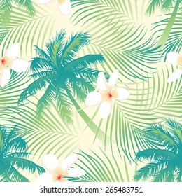 Tropical palm tree with flowers seamless pattern.