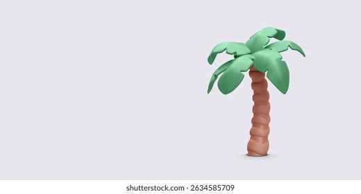 Tropical Palm Tree With Green Leaves And Curved Brown Trunk On Light Background, Minimalist 3D Style Symbolizing Vacation, Island, Or Exotic Travel Destination. Clean Vector Illustration.