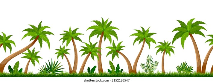 Tropical palm tree green seamless background flat. Dense summer foliage forest landscape horizontal. Subtropical wallpaper tourism company profile screen saver exotic travel site isolated on white