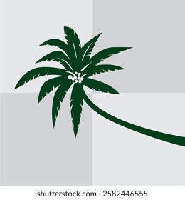 Tropical Palm Tree green silhouette, stretching coconut tree, pattern on gray and white square background