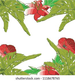 Tropical Palm Tree and Hibiscus Floral Pattern