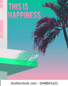 Tropical palm tree, hotel / beach background. vintage/ retro future classic vaporwave minimal background