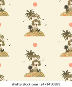 Tropical palm tree island seamless pattern. Boho hand drawn background