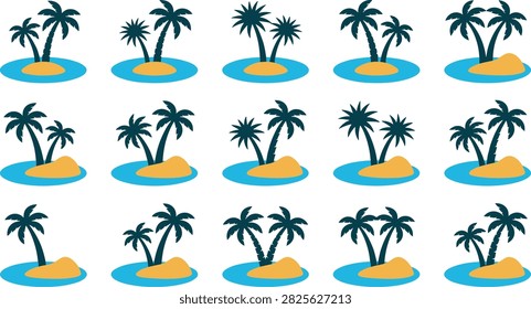 Tropical palm tree island vector icon set featuring silhouette coconut trees on small sand islets surrounded by blue ocean water