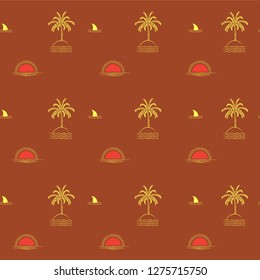 Tropical palm tree island ,wave,sun,beach, fin shark minimal repeat seamless pattern design for fashion,fabric,wallpaper,web and all prints on stylish brown background color