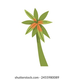 Tropical palm tree. Jungle leaf plant with green leaves and trunk, stalk. Exotic foliage vegetation. Natural botanical floral design element. Flat vector illustration isolated on white background