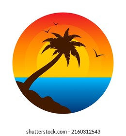 Tropical palm tree landscape sea surf logo flat. Subtropical summer design template signage exotic nature paradise. Sunrise sunset island emblem tourism firm flyer ads vintage isolated circle on white