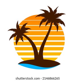 Tropical palm tree landscape wave island logo flat. Subtropical summer design template signage exotic paradise. Sunrise sunset sea surf emblem tourism firm flyer ads vintage isolated circle on white