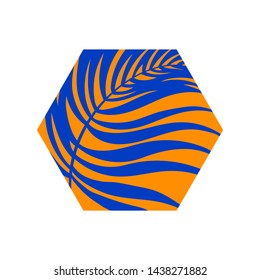 Tropical palm tree leaf. Hexagon vector modern illustration, summer time design element, blue and orange beach holiday symbol.