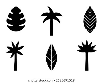 Ícones tropicais da palmeira e do vetor de folha. Vetor de Silhueta de Palm Tree. Ilustração de folha tropical