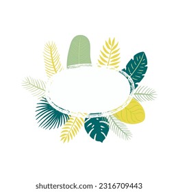 Tropical palm tree leaves, fronds circular frame, border. Cartoon style flat design, isolated vector. Summer print, seasonal element, holidays, vacations, beach, jungle flora, exotic foliage