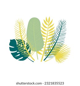 Tropical palm tree leaves, fronds bouquet, composition. Cartoon style flat design, isolated vector. Summer print, seasonal element, holidays, vacations, beach, jungle flora, exotic foliage