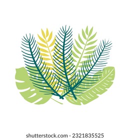 Tropical palm tree leaves, fronds bouquet, composition. Cartoon style flat design, isolated vector. Summer print, seasonal element, holidays, vacations, beach, jungle flora, exotic foliage