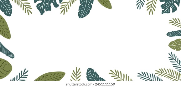 Tropical palm tree leaves, fronds square frame, border. Cartoon style flat design, vector. Summer print, seasonal element, holidays, vacations, beach, jungle flora, exotic foliage