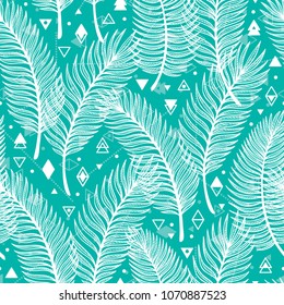 Tropical Palm Tree Leaves with Geometric Shapes Vector Seamless Pattern. Palm Leaf Sketch with triangles, rhombuses and circles. Summer Floral Background. Tropical Plants Wallpaper