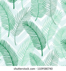 Tropical Palm Tree Leaves Vector Seamless Pattern. Palm Leaf Sketch. Summer Floral Background. Tropic Plants Wallpaper