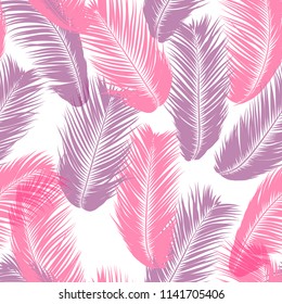 Tropical Palm Tree Leaves. Vector Seamless Pattern. Simple Silhouette Coconut Leaf Sketch. Summer Floral Background. Pink Wallpaper of Exotic Palm Tree Leaves for Textile, Fabric, Cloth Design, Print.