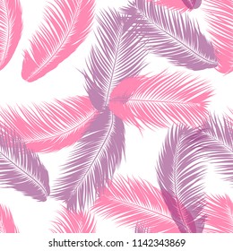 Tropical Palm Tree Leaves. Vector Seamless Pattern. Simple Silhouette Coconut Leaf Sketch. Summer Floral Background. Pink Wallpaper of Exotic Palm Tree Leaves for Textile, Fabric, Cloth Design, Print.