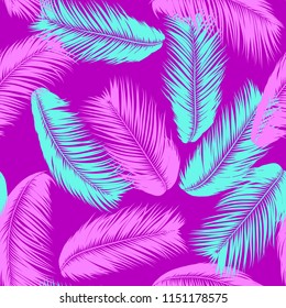 Tropical Palm Tree Leaves. Vector Seamless Pattern. Simple Silhouette Coconut Leaf Sketch. Summer Floral Background. Jungle Foliage. Trendy Wallpaper of Exotic Palm Tree Leaves for Textile Design.