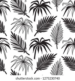 Tropical Palm Tree Leaves Vector Seamless Pattern. Hand Drawn Doodle Palm Leaf Sketch Drawing. Summer Floral Background. Tropical Plants Wallpaper