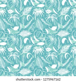 Tropical Palm Tree Leaves Vector Seamless Pattern. Hand Drawn Doodle Palm Leaf Sketch Drawing. Summer Floral Background. Tropical Plants Wallpaper