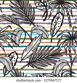 Tropical Palm Tree Leaves Vector Seamless Pattern. Hand Drawn Doodle Palm Leaf Sketch Drawing. Summer Floral Striped Background. Tropical Plants Wallpaper