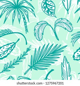 Tropical Palm Tree Leaves Vector Seamless Pattern. Hand Drawn Doodle Palm Leaf Sketch Drawing. Summer Floral Background. Tropical Plants Wallpaper