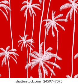 Palmera tropical, plantas de neón patrón sin fisuras. Fondo de pantalla floral rojo playa. Diseño de tela de moda. Ilustración vectorial.