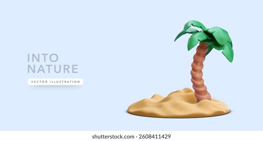 Tropical Palm Tree on Beach Sand Island in Minimal 3D Cartoon Style. Perfect for Summer, Vacation, and Nature Themes. Clean Background for Easy Use. Vector Illustration.