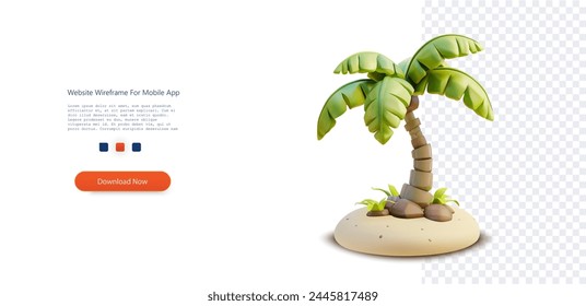 Tropical Palm Tree on a Sandy Island Illustration. Stylized 3D render of a vibrant palm tree on a small sandy island, isolated on a transparent background, embodying a tropical paradise. Vector