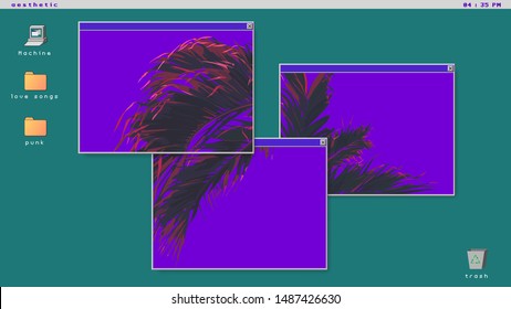 Tropical palm tree on ultraviolet flat background, futuristic minimal vaporwave vintage - retro vibe / nostalgic OS windows and icon style background 