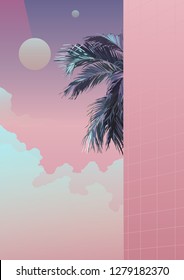 Tropical palm tree, pastel pink beach vibe background. vintage/ retro futuristic vaporwave minimal background graphic template