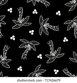Tropical palm tree pattern in black and white. Print for t-shirt, apparel, textile or wrapping. Wallpaper with nature and summer elements. Vector is seamless and repeatable.